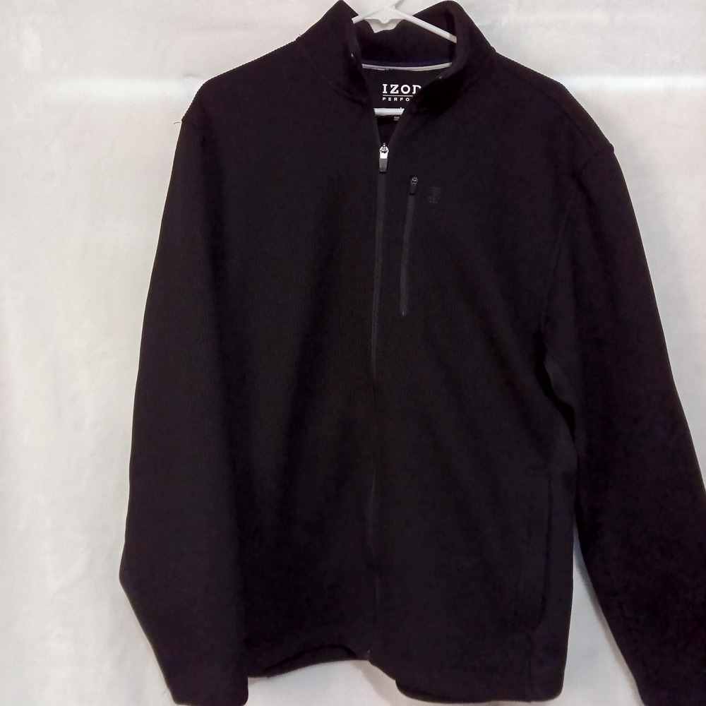 IZOD Performance Mens Large Black Full Zip Ribbed Jacket Mock Neck Pocket Nice!